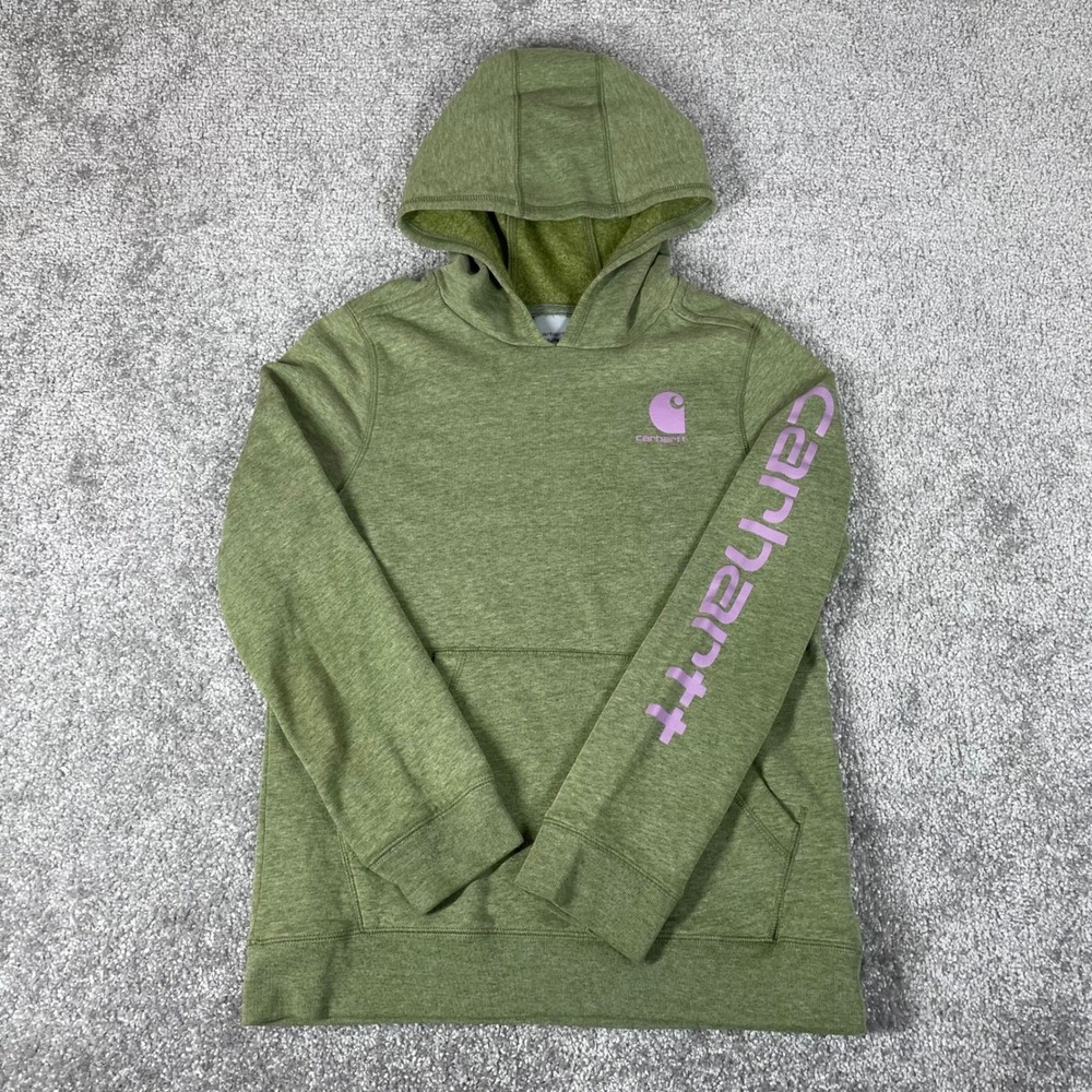 Carhartt Hoodie Girls Extra Large 14 Sleeve Spell Out Olive Green Lavender Logo